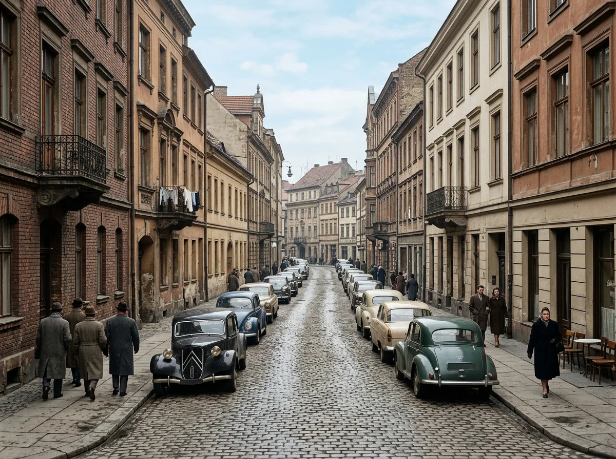 Раскрасить фото нейросеть - городская улица 1950-х в естественных цветах